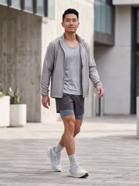 1080v15 Grey Days – Charcoal-colored moisture-wicking compression tights paired with a breathable silver running singlet and a lightweight technical shell jacket.