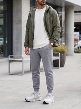 1080v15 Grey Days – Tapered heather grey tech-fleece joggers with a crisp white oversized heavy-weight tee and a structured olive green windbreaker for an elevated casual look.