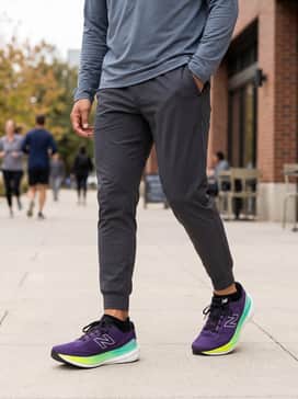 Charcoal grey tapered tech joggers worn with a lightweight breathable quarter-zip pullover in slate.