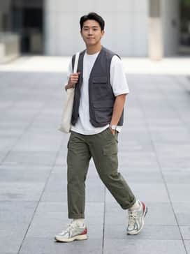 Straight-leg olive cargo pants paired with a heavyweight white boxy-fit tee and a charcoal grey utility vest for a functional urban look.
