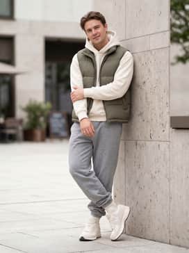 Oversized grey fleece joggers matched with a cropped cream hoodie and a technical puffer vest in a contrasting olive green.