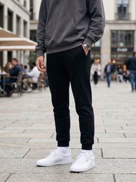 3mc Vulc Shoes – Black tapered joggers, a grey oversized hoodie with a subtle graphic print, and a black baseball cap for a modern urban aesthetic.