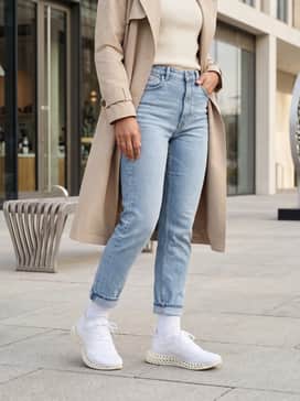 4dfwd 4 Running Shoes – Light-wash tapered jeans cropped at the ankle with a crisp white oversized t-shirt and a beige trench coat for a sophisticated street-style look.