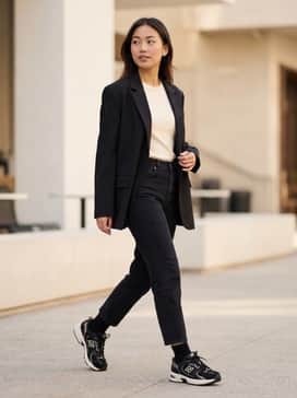 High-waisted black mom jeans, a tucked-in cream-colored baby tee, and an oversized black blazer for a polished yet casual city look.