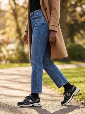 Straight-leg blue vintage-wash denim, a simple black turtleneck, and a camel-colored trench coat to create a sophisticated, high-low aesthetic.