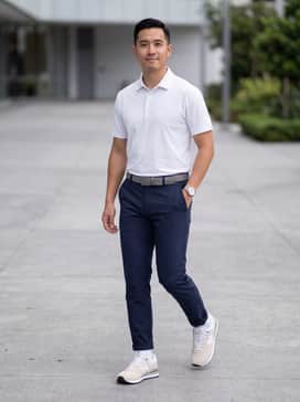 On-Course Modern: Pair with slim-fit navy performance chinos, a crisp white technical polo shirt, and a structured grey belt for a sharp look that performs on the fairway.