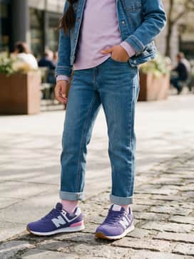 A classic school outfit pairing medium-wash straight-leg jeans with a soft pink long-sleeve top and a small denim jacket to complement the shoe's accents.