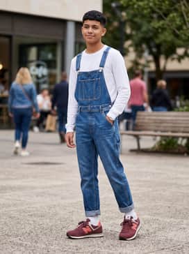 Classic denim overalls worn over a simple white long-sleeve tee, highlighting the rich burgundy tones of the shoes.