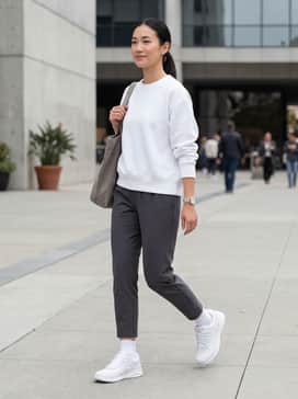 577v1 – High-waisted black leggings paired with a grey oversized sweatshirt and a sleek ponytail for a classic athleisure look.