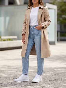 Light wash straight-leg denim jeans, a crisp white organic cotton tee, and a beige trench coat for a polished weekend ensemble.