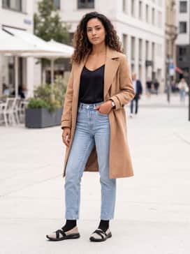 Adelina 2 Topcat Womens Slipon Shoes – Light-wash straight-leg denim jeans with a tucked-in black silk camisole and a camel-toned trench coat.