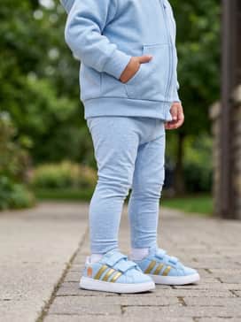 Adidas Disney Frozen Grand Court 30 Shoes Infants – Grey marl cotton leggings and a matching pastel blue zip-up hoodie for a comfortable and sporty indoor playday outfit.