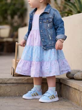 Adidas Disney Frozen Grand Court 30 Shoes Infants – A tiered floral cotton sun dress in shades of lilac and sky blue, finished with a small denim jacket for a charming family outing.