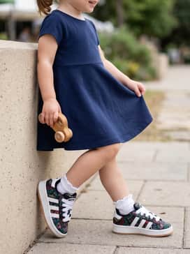 A simple navy blue jersey skater dress with white ruffle socks to let the vibrant shoe pattern stand out as a statement piece.