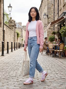 Adidas Liberty London Samba Og Shoes – High-waisted light-wash mom jeans paired with a tucked-in white baby tee and a delicate pink cardigan for a nostalgic 90s-inspired look.