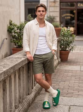 Adidas The Simpsons Adilette Lumia Slides – A relaxed-fit cream linen button-down shirt worn open over a white ribbed tank top, paired with olive green chino shorts for a sophisticated yet playful resort look.