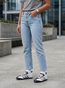 Adidas X Entire Studios Ace Shoes – Loose-fit light-wash jeans with a distressed hem, a black graphic hoodie, and a silver chain necklace for an effortless streetwear look.