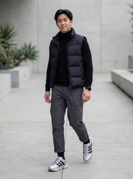 Adidas X Entire Studios Lightblaze Pod Shoes – Pair with black technical cargo pants, a cropped charcoal puffer vest, and a tight-fitting black turtleneck for a high-fashion techwear aesthetic.