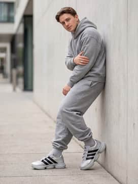 Adidas X Entire Studios Lightblaze Pod Shoes – Style with oversized grey sweatpants and a matching heavy-knit hoodie for a cozy yet intentional monochromatic athleisure outfit.