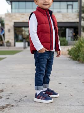 Adidas X Marvel Spiderman Grand Court Shoes Kids – Dark-wash denim jeans with a simple white long-sleeve tee and a red puffer vest for a practical and layered outdoor outfit.