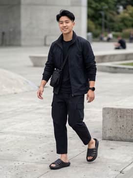 A monochromatic black techwear look featuring multi-pocket cargo pants, a tactical utility vest over a long-sleeve compression shirt, and a sleek crossbody bag.