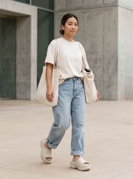 Adifom Stan Slides – Light-wash baggy jeans paired with a tucked-in oversized graphic t-shirt and a canvas tote bag for an effortless city look.