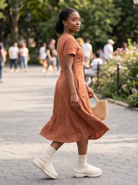Adifom Stan Slides – A breezy linen midi dress in a neutral earth tone like olive or terracotta for a sophisticated yet comfortable summer ensemble.
