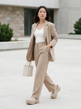 High-waisted wide-leg cream trousers paired with a fitted white ribbed tank top and an oversized beige blazer for a sophisticated tonal look.