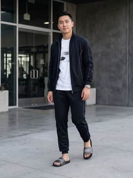 A coordinated black athletic tracksuit with a white racing-inspired graphic tee for a cohesive, sporty aesthetic.
