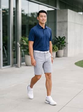 A navy blue moisture-wicking performance polo paired with light grey tailored golf shorts and a white woven stretch belt for a classic tournament-ready look.