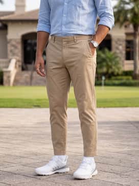 Slim-fit khaki chinos and a light blue linen button-down shirt with rolled-up sleeves for a polished post-round clubhouse lunch.