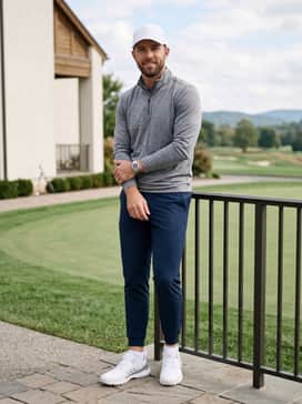 Adipower 26 Boa Spikeless Golf Shoes – Tapered black performance joggers and a heather grey quarter-zip pullover with a matching white adjustable sports cap for a modern athletic aesthetic.