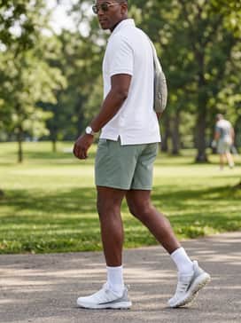 Sage green tech-fabric shorts paired with a simple white piqué polo and silver-framed aviator sunglasses for a clean, summer-ready appearance.