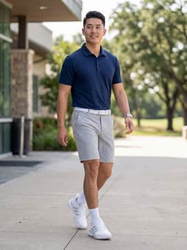 A navy blue moisture-wicking polo shirt tucked into tailored light grey performance shorts with a matching white webbed belt.