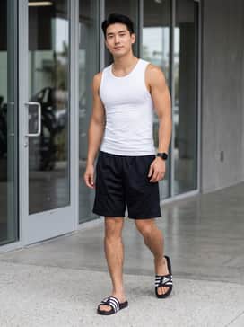 Black mesh basketball shorts paired with a white moisture-wicking compression tank and high-top athletic socks for a functional post-game look.