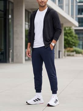Adistar 4 Running Shoes – Relaxed Post-Run: Combine with dark navy tapered joggers, a fitted white graphic tee, and a lightweight black zip-up hoodie for a clean, comfortable recovery look.