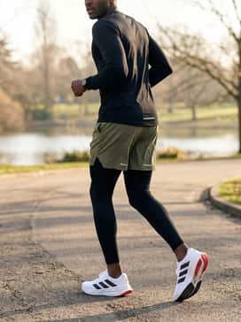 Adistar 4 Running Shoes – Chilly Morning Workout: Layer black compression leggings under olive green running shorts, paired with a fitted black long-sleeve performance top and a reflective windbreaker jacket.
