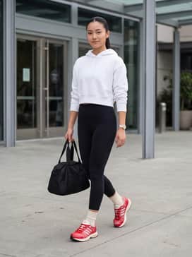 Adistar Control 5 W Shoes – High-waisted black leggings paired with a white cropped hoodie and a sleek ponytail for a classic gym-to-street look.