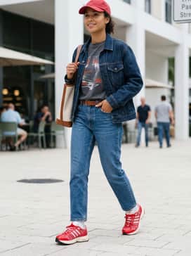 Adistar Control 5 W Shoes – Medium-wash straight-leg jeans with a tucked-in oversized graphic tee and a red baseball cap to tie the color palette together.