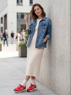 Adistar Control 5 W Shoes – A cream-colored midi knit dress layered under a distressed denim jacket for an effortless feminine-meets-sporty aesthetic.