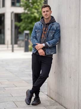 Adistar Hrmy Shoes – Streetwear Edge: Style with tapered black joggers, an oversized graphic hoodie featuring orange lettering to match the shoe's accents, and a distressed denim jacket for a layered, textured outfit.