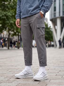 Black technical cargo joggers featuring utility buckles, worn with a slate blue windbreaker and a black nylon bucket hat for a high-function street look.