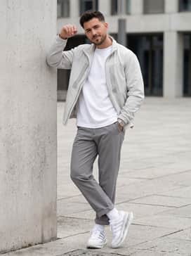 Relaxed-fit faded light-wash denim with a tapered hem, a white ribbed tank top, and an oversized unbuttoned pinstripe shirt for a casual weekend vibe.