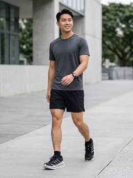 A pair of black high-performance running shorts paired with a moisture-wicking charcoal grey technical tee and breathable ankle socks for a dedicated athletic look.