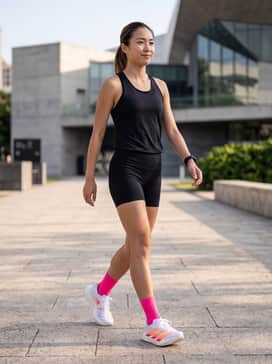 A professional racing kit featuring aerodynamic compression shorts, a matching racerback singlet, and neon-pink moisture-wicking socks to coordinate with the stripes.