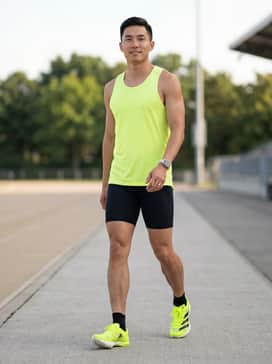 A coordinated professional track kit featuring a neon yellow moisture-wicking singlet and matching black compression shorts for a unified team look.