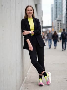 Cropped black straight-leg trousers and a tucked-in neon yellow mock-neck sleeveless top layered under a structured black blazer for a bold creative office ensemble.
