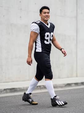 Adizero Chaos Ii Rodeo American Football Lineman Cleats – Full game-day uniform including a custom team jersey, padded black football pants, and white moisture-wicking crew socks for a professional look.
