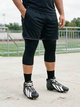 Intense training outfit featuring black compression leggings under breathable mesh athletic shorts and a fitted sleeveless performance tech-tee.