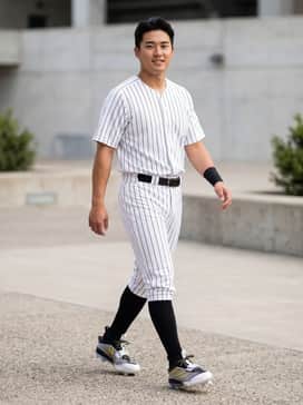 A crisp white baseball uniform with black pinstripes and a gold-trimmed belt to complement the shoe's metallic stripes.